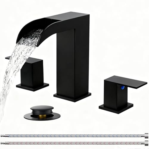 VCCUCINE Black Bathroom Faucet 3 Hole, 8 Inch Widespread Square Waterfall Bathroom Sink Faucet,Matte Black Vanity Bathroom Faucets for Vanity, Restroom, Commercial with Pop Up Drain and Supply Lines