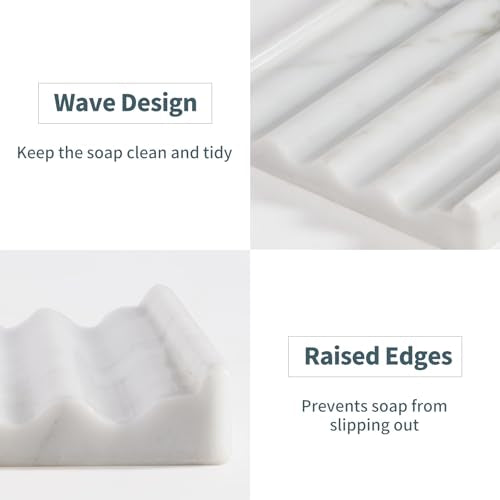 2 Pcs Soap Holder for Bathroom, Marble Soap Dish for Kitchen Countertop, Bathroom Tray with Creative Wavy Design, Soap Saver for Bath Tub, Sponges, Italian Natural Stone(Bianco Carrara) - color: Bianco Carrara