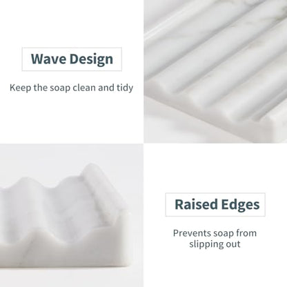 2 Pcs Soap Holder for Bathroom, Marble Soap Dish for Kitchen Countertop, Bathroom Tray with Creative Wavy Design, Soap Saver for Bath Tub, Sponges, Italian Natural Stone(Bianco Carrara) - color: Bianco Carrara