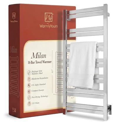 WarmlyYours Milan Heated Towel Rack, 14 Bars, Polished Steel | Wall-mounted hardwired electric towel warmer for spa-like comfort and luxury bathroom upgrade, dries multiple towels