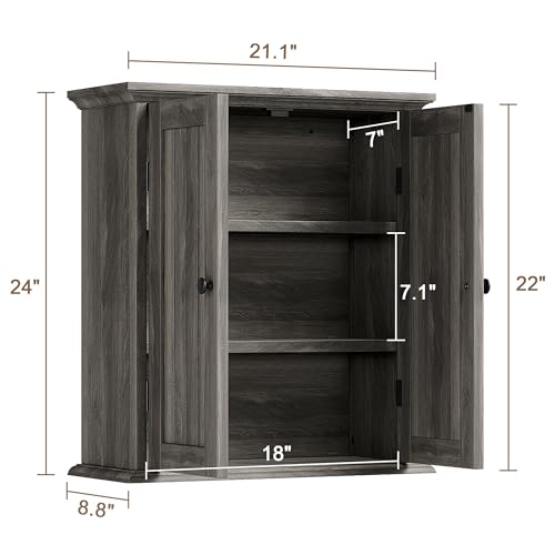 ChooChoo Bathroom Wall Cabinet with 2 Doors, Over The Toilet, Farmhouse | 8.8"D x 21.1"W x 24"H, Medicine Cabinet, Adjustable Shelves, Cupboard, Retro Grey - color: Retro Grey, size: 8.8"D x 21.1"W x 24"H