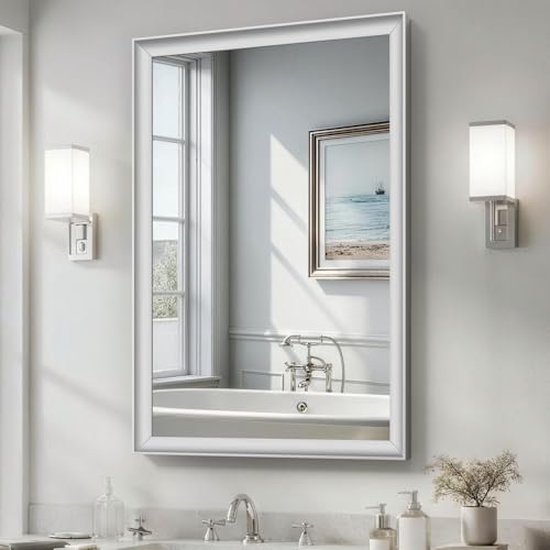 USHOWER Brushed Nickel Bathroom Mirrors for Over Sink 24x36 Inch, Aluminum Framed Rectangle Vanity Mirror for Wall, Bedroom, Living Room, Entryway, Anti-Rust, HD Tempered Glass, Horizontal/Vertical - color: Brushed Nickel, size: 36"L x 24"W