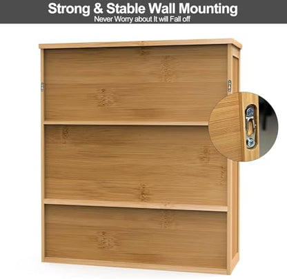 Bamboo Bathroom Cabinet,Bathroom Wall Cabinet with 2 Doors & 3 Tier Shelves | Medicine Cabinet,Over the Toilet Storage Cabinet,Bamboo Wall Storage Cabinet for Laundry Room & Living Room Kitchen