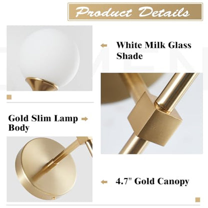 KCO MCM Brushed Gold Frosted White Milk Glass Globe Wall Sconces Set of 2 | Reversible Up/Down Mount, Long Vertical Rod, Brass Hardwired E26 Wall Light Fixture for Bedroom Bathroom Hallway Stairwell - color: White