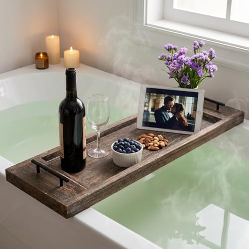 Hanobe Wood Bathtub Tray Bath Caddy with Handles, 31" | Distressed Rustic Finish, Rustic Long Board Shelf Over Tub for Bathroom Decor