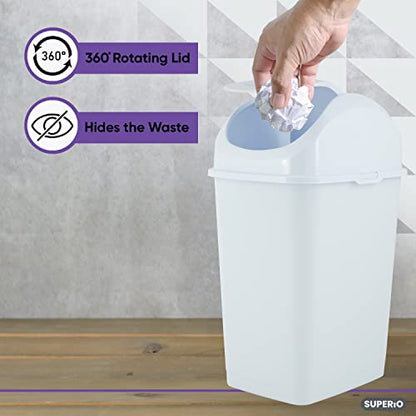 Superio Small Plastic Trash Can with Swing Top Lid, Compact Slim Waste Bin for Under Desk, Office, Bedroom, Bathroom, Dorm Room, 10 Qt. Portable Garbage Can 2.5 Gallon (White, 2 Pack) - size: 2.5 Gallon, style: 2 Pack