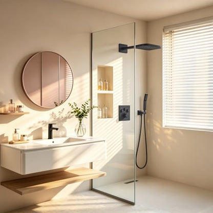 TRUSTMI 10" Shower System with Thermostatic Valve, Rainfall, Matte Black | Solid brass system with push-button diverter for waterfall and handheld spray. Anti-scald safety lock protects the family - color: Matte Black