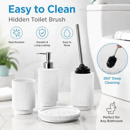 White Ribbed Resin Bathroom Accessory Set,Soap Dispenser,Toothbrush Holder | 4 Pack Bath Counter Decor,Soap Pump Dispenser, Toothbrush Cup,Toilet Brush & Soap Tray,Moisture Resistant Easy Clean Durable