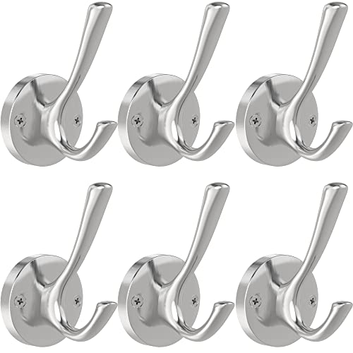TOFIIGREM Brushed Nickel Wall Hooks, 6 Pack Coat Robe Hook Heavy Duty Metal Double Bath Hook Wall Mounted, Hand Towel Hooks for Cubicle Bathroom Kitchen Closet Garage - color: Silver, size: 6 Pack