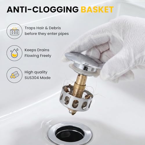 Pop up Bathroom Sink Drain with Overflow, Removable Stainless Steel Hair Catcher, Fits 1.5-1.75", Chrome Stainless Steel Bathroom Sink Stopper for Bathroom Vanity Vessel Sink Drain Stopper - color: Chrome, style: Big Popup Cap