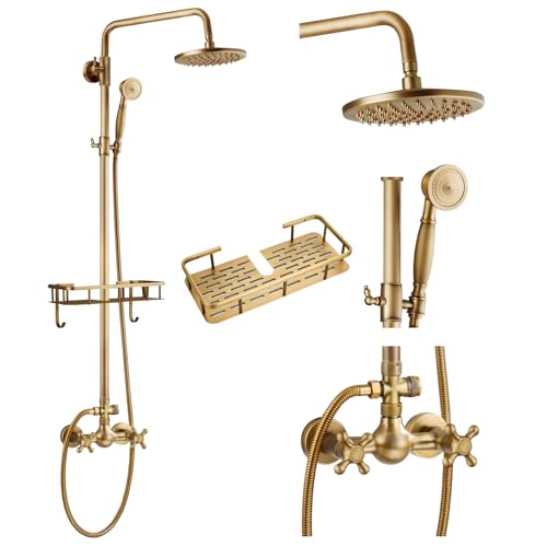 gotonovo Exposed Shower System with Shelf 2 Cross Handle Antique Brass | Bathroom Brass Shower Faucet Set,8’’ Rainfall Head with Handheld Sprayer,SUS304 Shelf,6’’ Hole Distance,Adjustable Height - color: Antique Gold