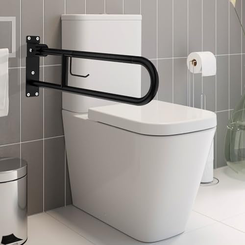Toilet Grab Bar 32 Inch,YuanDe Matte Black Anti-Slip U-Flip-Up Handrails | Stainless Steel,Knurled Grip, Paper Holder, Toilet-Side Use, Sit/Stand Assistance, Elderly/Disabled/Pregnant Safety Assist - color: Matte Black, size: 32 IN