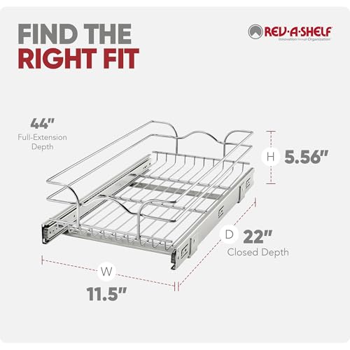 Rev-A-Shelf Steel Wire Pullout Drawer Organizer Shelf for Kitchen Cabinets, Slide Out Storage Basket, Min Opening Width of 11.5" W, 12" x 22", 5WB1-1222CR-1 - size: 12" W x 22"D, style: Single Tier