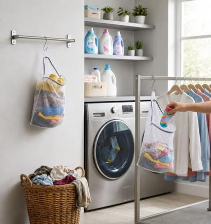 2Pcs Mesh Hanging Laundry Bags for Washing Machine, 15 X 12 inch Wash Bag for Clothes Delicates Lingerie with S Hooks