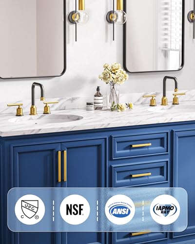 WOWOW Black Gold Bathroom Faucet 3 Hole, Widespread Vanity Sink Faucets | Copper Inlet Faucet for Bathroom Sink with Swivel Spout, 2 Handles Lavatory Tap with Drain and cUPC Supply Line (Set of 2) - color: Black and Gold x 2, style: Upgrade-8 Inch