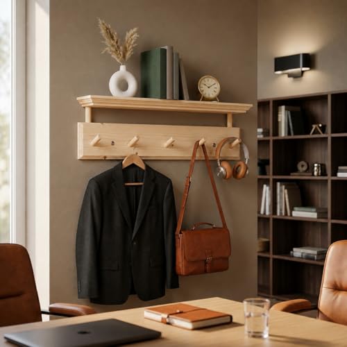 Matías Coat Rack Wall Mount with Shelf, 18 Inch Solid Wood Peg Rail, Wall Mounted Coat Rack with 5 Hooks, Wall Mount Shelf for Entryway, Bathroom or Bedroom (Natural Wood) - color: natural wood