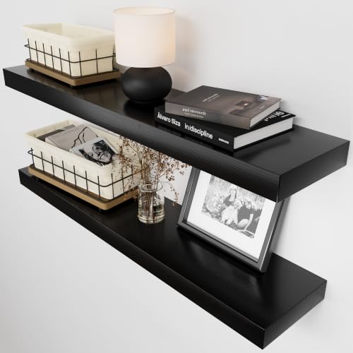 Solid Wood Floating Shelves for Wall 30 Inches Long, Black Wooden Shelf | Real Wood, 30 Inch, Bathroom Shelf Large, Heavy Duty, Wall Mounted, Kitchen Bedroom, Black Finish, 30W × 6.7D, Set of 2 - color: Black, size: 30 Inch