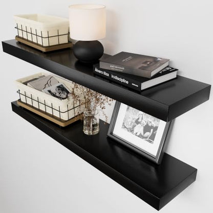 Solid Wood Floating Shelves for Wall 30 Inches Long, Black Wooden Shelf | Real Wood, 30 Inch, Bathroom Shelf Large, Heavy Duty, Wall Mounted, Kitchen Bedroom, Black Finish, 30W × 6.7D, Set of 2 - color: Black, size: 30 Inch