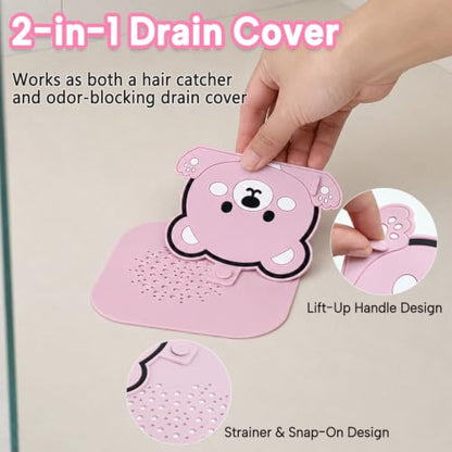2Pack Square Shower Drain Hair Catcher for Bathtub and Shower | Khaki thick silicone, cartoon animal design, reusable hair stopper for floor drains, kitchen laundry room utility use - color: Pink