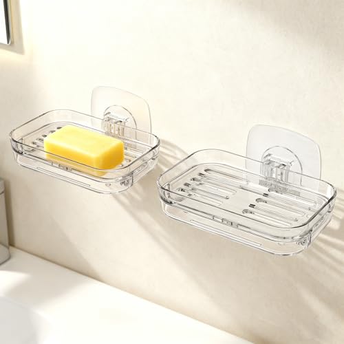 Soap Dish for Shower Wall Mounted, Soap Bar Holder Self Draining, Strong Adhesive Mount Soap Saver Sponge Holder for Bathroom Bathtub Kitchen Sink, Clear