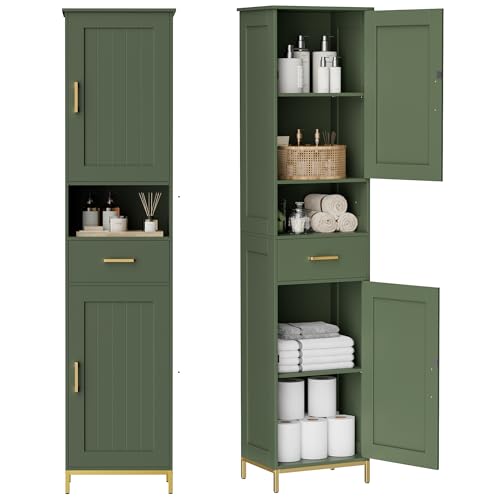Homhedy 67" H Bathroom Storage Cabinet, Tall Bathroom Cabinet, Green | Narrow Cabinet with Doors and Drawer, Adjustable Shelves, Floor Cabinet for Bathroom, Living Room, Kitchen, Dining Room - color: Green