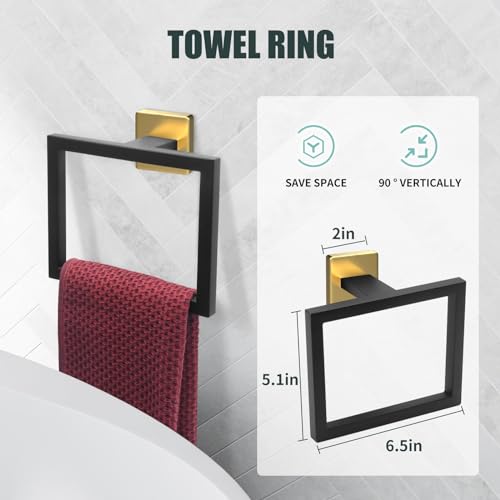 5 Piece Black and Gold Towel Bar Set - Gold and Black Bathroom Accessories with 2 Towel Hook, Stainless Steel Wall Mounted Bathroom Towel Rack Set - Square 16-Inch - color: Black and Gold, size: 16 IN