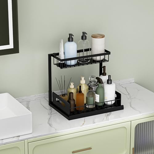 Under Sink Organizer and Storage, Slide Out Cabinet Organizer, Pull Out Sink Shelf for Kitchen Bathroom Laundry, 2 Pack Black