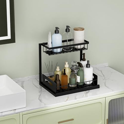 Under Sink Organizer and Storage, Slide Out Cabinet Organizer, Pull Out Sink Shelf for Kitchen Bathroom Laundry, 2 Pack Black