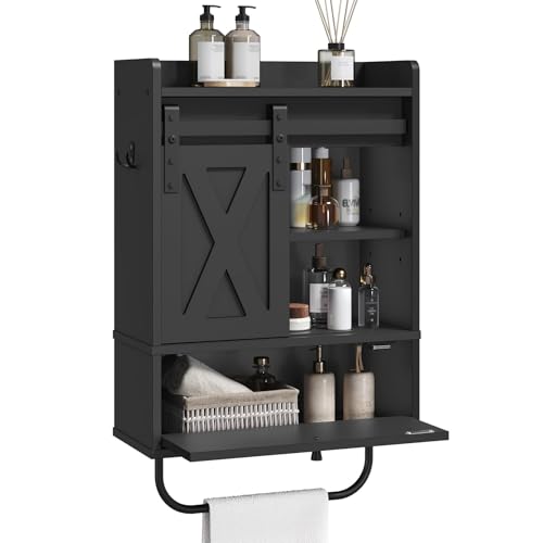MAHANCRIS Bathroom Wall Cabinet, Farmhouse Medicine Cabinets with Sliding Door, Wall Mounted Storage Cabinet with Adjustable Shelf and Towel Bar, for Bathroom, Living Room, Kitchen, Black - color: Black