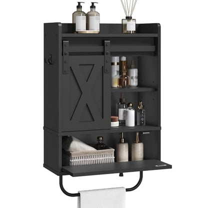 MAHANCRIS Bathroom Wall Cabinet, Farmhouse Medicine Cabinets with Sliding Door, Wall Mounted Storage Cabinet with Adjustable Shelf and Towel Bar, for Bathroom, Living Room, Kitchen, Black - color: Black
