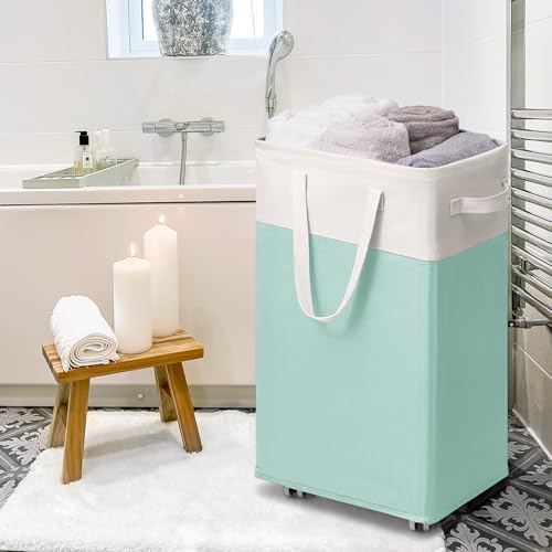 Goodpick Laundry Basket with Wheels, 75L Laundry Hamper with Wheels, Large Laundry Basket with Removable Wash Bag, Clothes Hamper for Laundry, Blue&White | Clothes Hamper with Removable Wash Bag for Laundry Room, Large Rolling Laundry Basket with Handles,