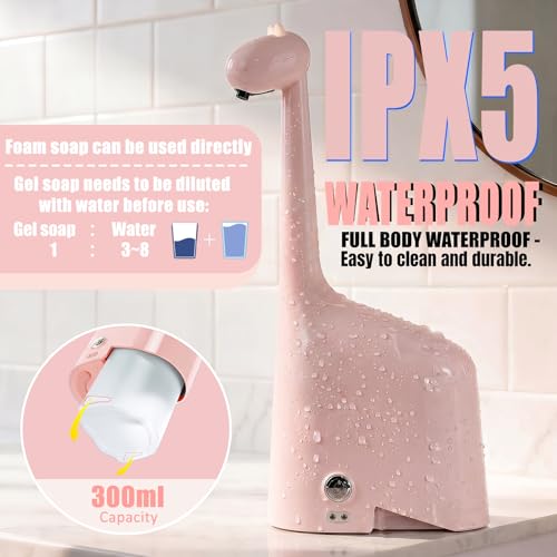 Automatic Soap Dispenser,Cute Dinosaur, Touchless, Rechargeable Foaming Soap Dispenser, 10oz/300ml, 3-Level Adjustable Foam, IPX5 Waterproof for Bathroom, Kitchen, Hotel,Restaurant, Pink - color: Pink