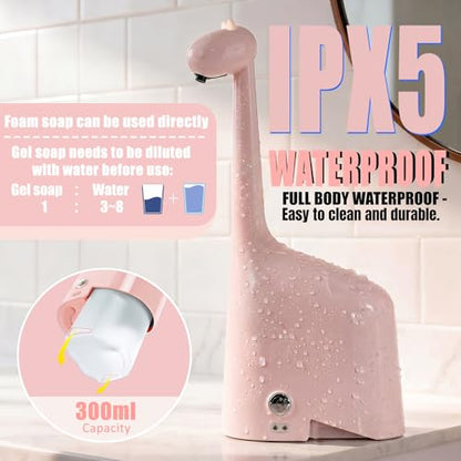 Automatic Soap Dispenser,Cute Dinosaur, Touchless, Rechargeable Foaming Soap Dispenser, 10oz/300ml, 3-Level Adjustable Foam, IPX5 Waterproof for Bathroom, Kitchen, Hotel,Restaurant, Pink - color: Pink