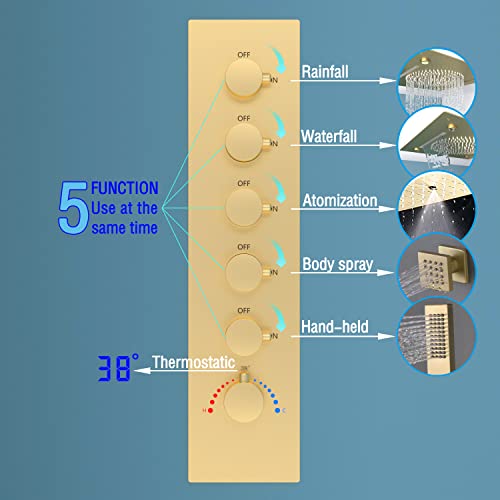 Enga Thermostatic Shower System with Body Jets, 20-Inch LED Rainfall Mist Waterfall Luxury Multi Function Rain Shower Faucet Set, All Functions Can Operate Simultaneously, Brushed Gold - color: Brushed Gold, style: 20" Head (Rain + Mist+Waterfall) - Jets