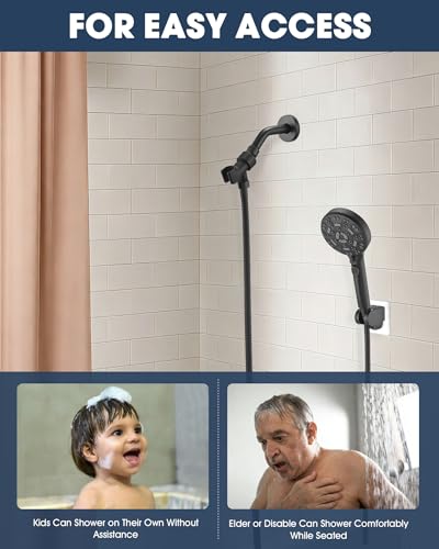 Handheld Shower Head with 6.56ft Extra Long Hose, On Off Switch 8-Seting High Preesure Hand Held Showerhead, Low-Reach Adhesive Holder for Kid, Disable& Elder (Matte Black) - color: Matte Black