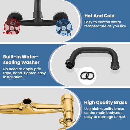 Airuida 8 Inch Center Matte Black Wall Mount Kitchen Sink Faucet | Double Cross Handle,Adjustable Center,6 Inch(15cm) Spout - color: Matte Black