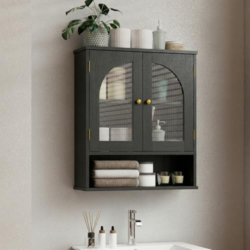 Black Bathroom Cabinet Wall Mounted with Tempered Glass Doors,Wooden Medicine Cabinet with Adjustable Shelf Open Shelf,Over The Toilet Space Saver Storage Cabinet - color: Black With Fluted Glass