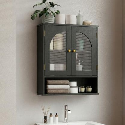 Black Bathroom Cabinet Wall Mounted with Tempered Glass Doors,Wooden Medicine Cabinet with Adjustable Shelf Open Shelf,Over The Toilet Space Saver Storage Cabinet - color: Black With Fluted Glass