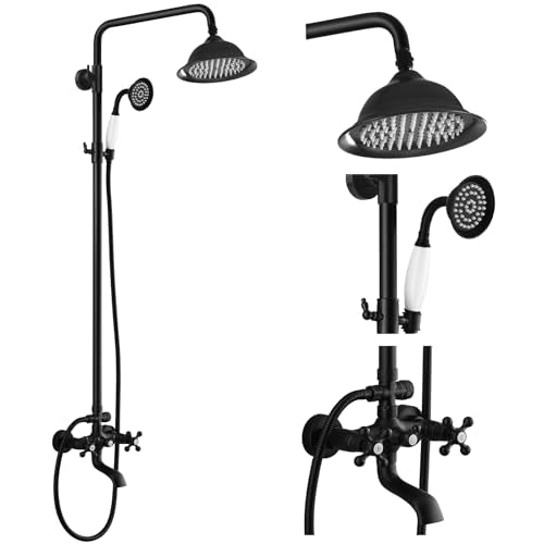 gotonovo Exposed Shower System with Spout,Matte Black,No Shower Shelf | Brass Shower Faucet Set,8’’ Rain Head with Handheld Spray,Swivel Tub Spout,2 Cross Handle,6’’ Hole Distance,Adjustable Height - color: Black