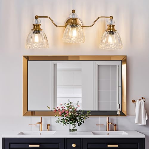 ASGYISA Lyfeesis Gold Bathroom Light Fixtures Over Mirror Vintage Brass Vanity Light 3 Light Crystal Glass Shade Matte Antique Brass Finish