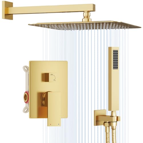 Gabrylly Rain Shower Head with Handheld Spray Combo, 10", Brushed Gold | All Metal Shower System, High Pressure Rainfall Shower Faucet Set, Solid Brass Shower Valve Complete Shower Set for Bathroom - color: Brushed Gold, size: 10 Inch