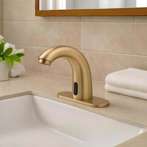 Brushed Gold Touchless Bathroom Sink Faucet - Battery Operated Automatic Motion Sensor Hands Free Faucet with Hot and Cold Mixing Valve - color: Brushed Gold