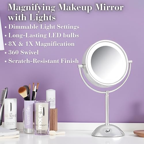 JERDON Lighted Makeup Mirror with 8X Magnification - Chrome - HL8808CL | Two-Sided 1X View, 8.5" Round Frame, 16" Tall, LED Lighting - color: Chrome