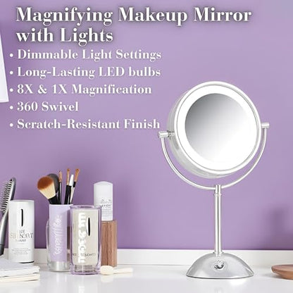 JERDON Lighted Makeup Mirror with 8X Magnification - Chrome - HL8808CL | Two-Sided 1X View, 8.5" Round Frame, 16" Tall, LED Lighting - color: Chrome