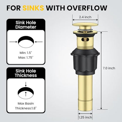 Pop up Bathroom Sink Drain with Overflow, Removable Stainless Steel Hair Catcher, Fits 1.5-1.75", Brushed Gold Stainless Steel Bathroom Sink Stopper for Vanity Vessel Sink Drain Stopper - color: Brushed Gold, style: Big Popup Cap