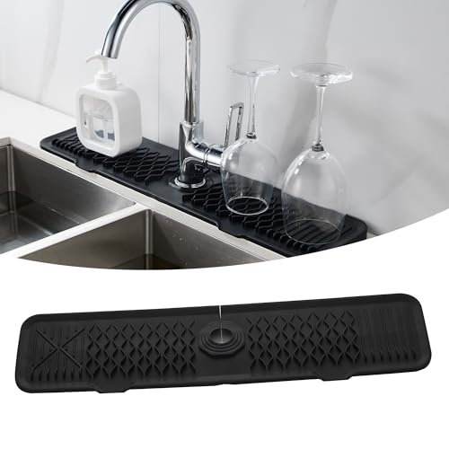 24inch Silicone Faucet Splash Guard Black Kitchen Sink Dish Drying Mats | Sponge Holder and Bathroom Countertop Protect Kitchen Sink Splatter Screen Faucet Air Drying Mat Drip Catcher Tray - color: Black