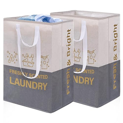 2 Pack Laundry Baskets, 92L Freestanding Laundry Basket with Handles, Waterproof Tall Collapsible Clothes Hamper for Dorm, Bedroom, Bathroom