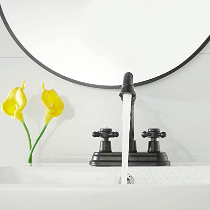 Bathroom Faucet Matte Black 2 Handles 4 Inches Centerset Black Bathroom Vanity with Drain Assembly and Supply Hose Lavatory Faucet - color: Black, style: Ceramic Cover