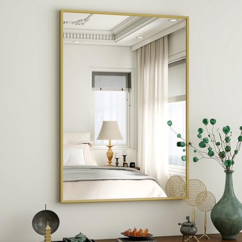 HARRITPURE 26"x38" Rectangle Bathroom Mirror, Gold Vanity Wall Mirror | Aluminum Alloy Frame Wall Mirror, Horizontal or Vertical Wall Mount for Entryway Bedroom Living Room - size: 38"L x 26"W