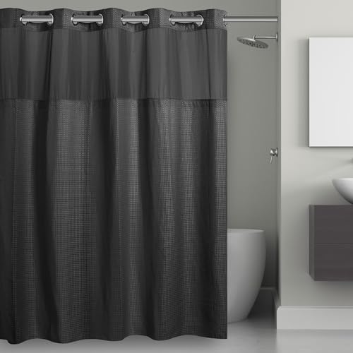 Hookless It’s A Snap! Waffle Shower Curtain, 3-in-1 Shower Curtain Includes Fabric Shower Curtain with Sheer Top Window, Flex-On Rings & Fabric Liner, 71” x 74”, Black - color: Black, size: 71"W x 74"L (Pack of 1), style: Without Magnets